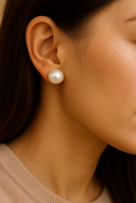 12-13 mm White South Sea Pearl Stud Earrings – 14k Yellow Gold