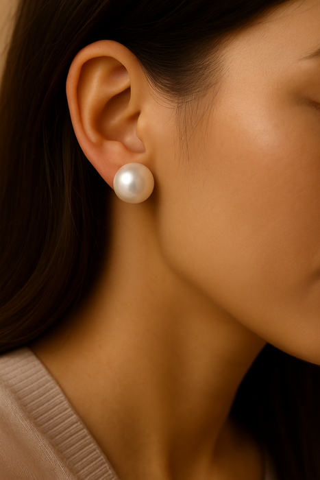 14-15 mm White South Sea Pearl Stud Earrings – 14k Yellow Gold