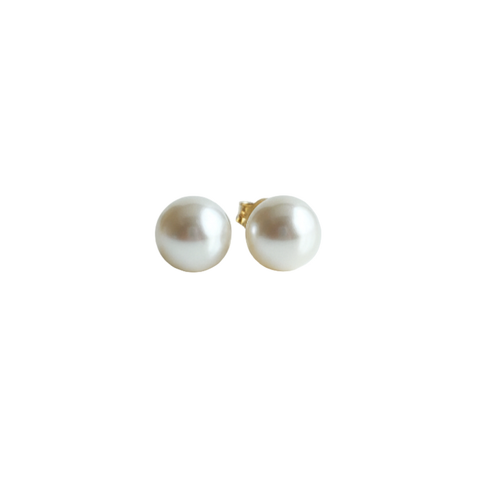 AAAA 8–9 mm White South Sea Pearl Stud Earrings – 14k Yellow Gold
